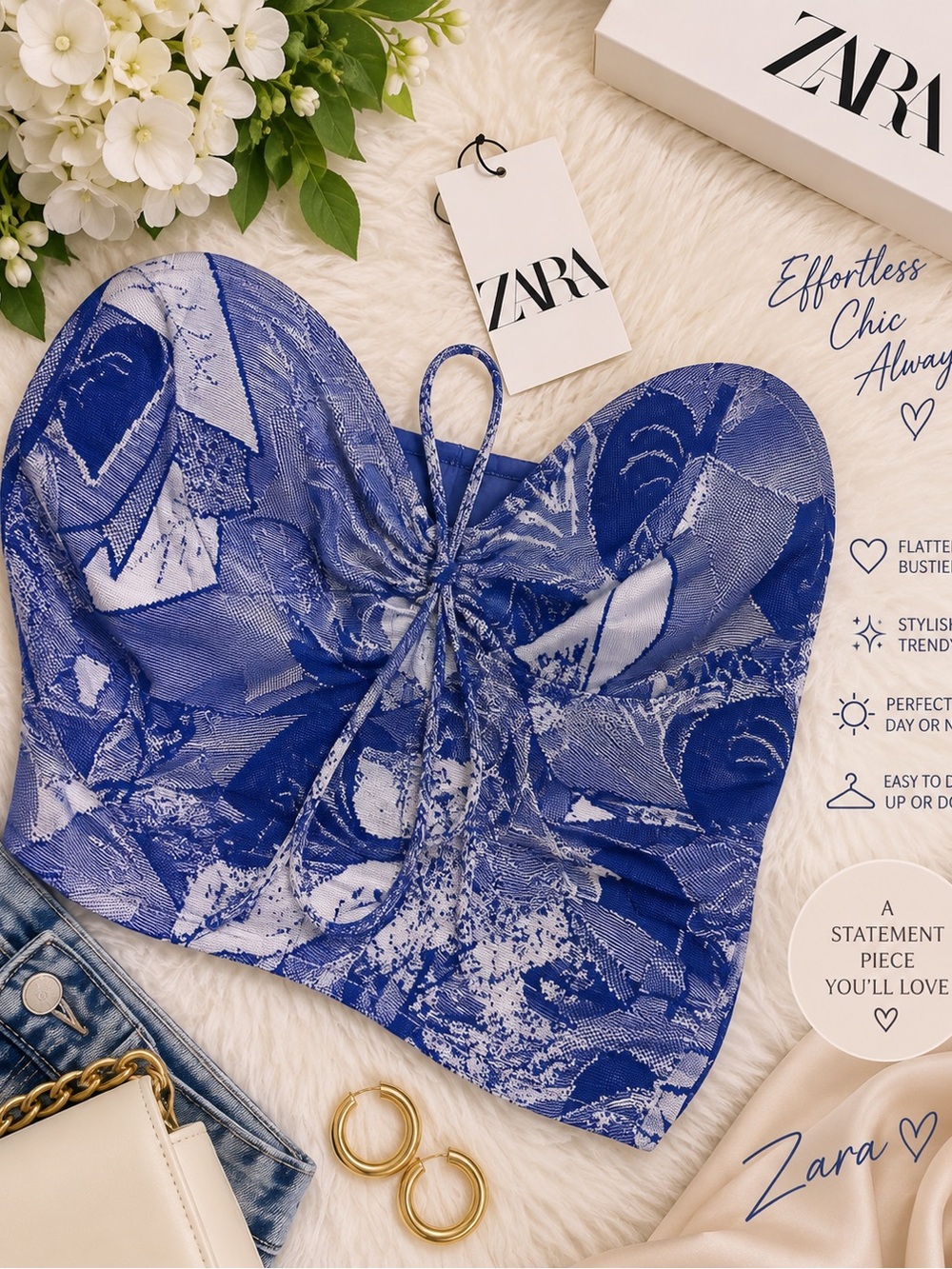 Zara Royal Blue Floral Bustier Crop Top